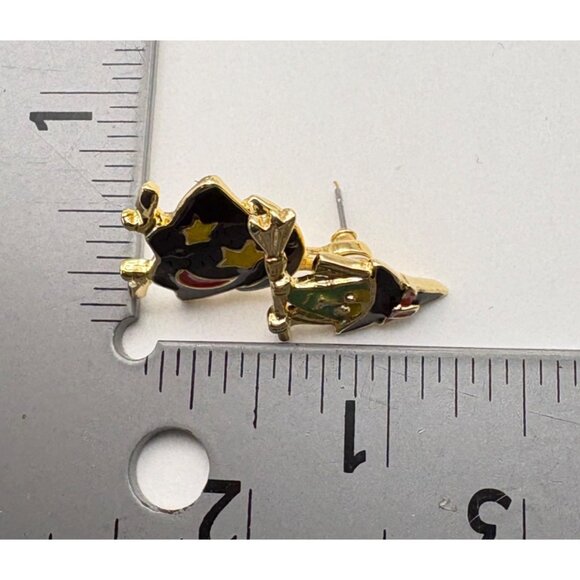 Halloween Witch Front Back Earrings Gold Tone Enamel Green Face Whimsical - Picture 3 of 6